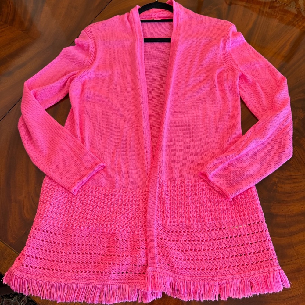 Lilly Pulitzer Noble Fringe Cardigan Deep Prosecco Pink - Picture 10 of 17